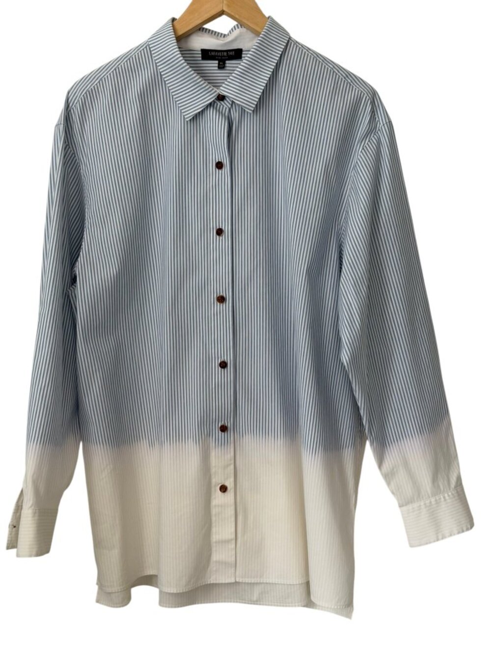 Lafayette 148 Everson Ombre Dip Dye Striped Button Up Long Sleeve Blue White XL